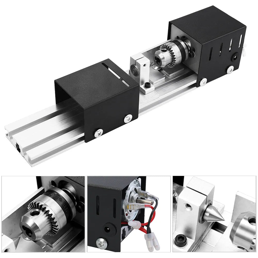 Mini metal silver woodworking lathe with 140mm processing capacity and six carving knives
