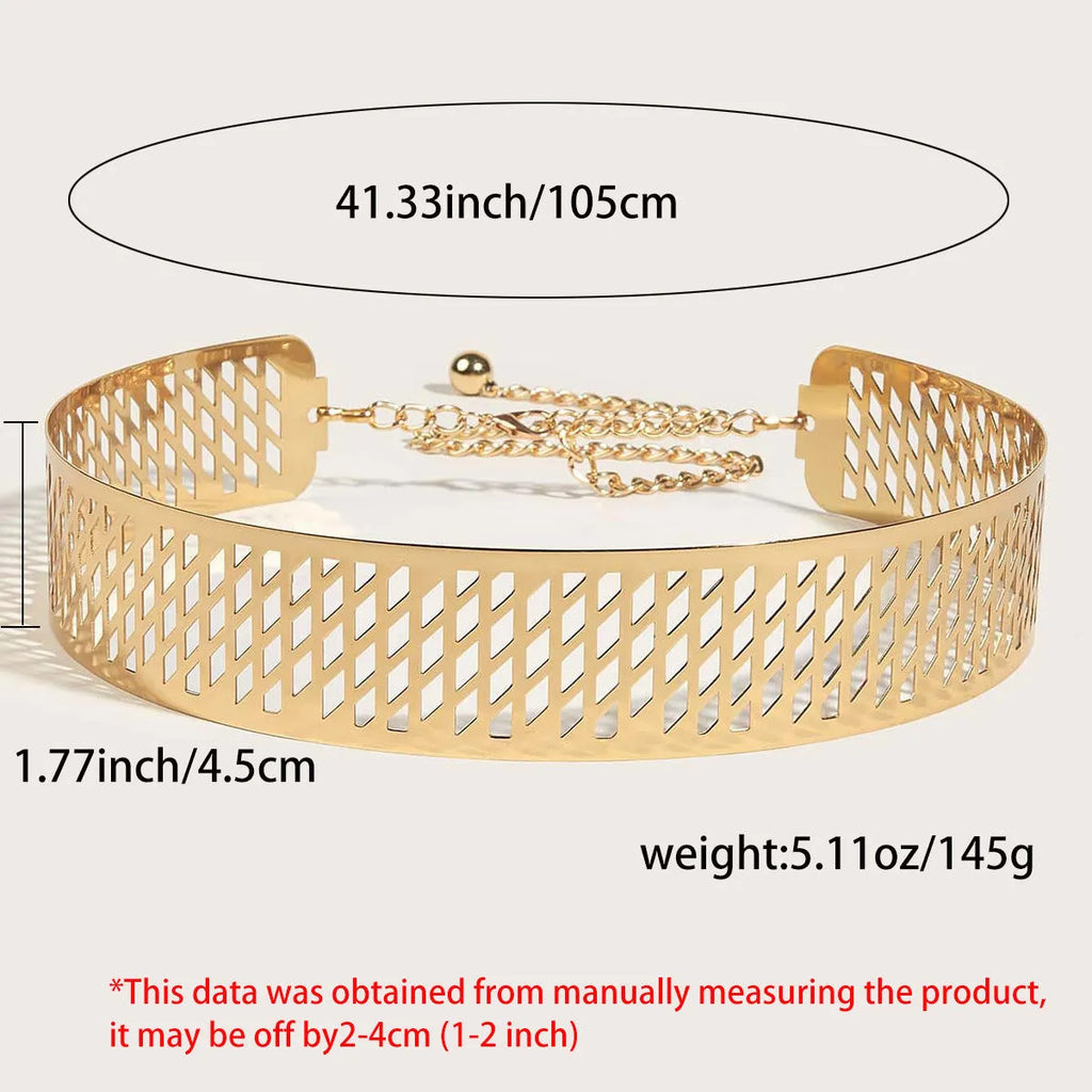 Gold iron waist ring belt with detailed lantern design, 4.5cm wide with alloy hook buckle.