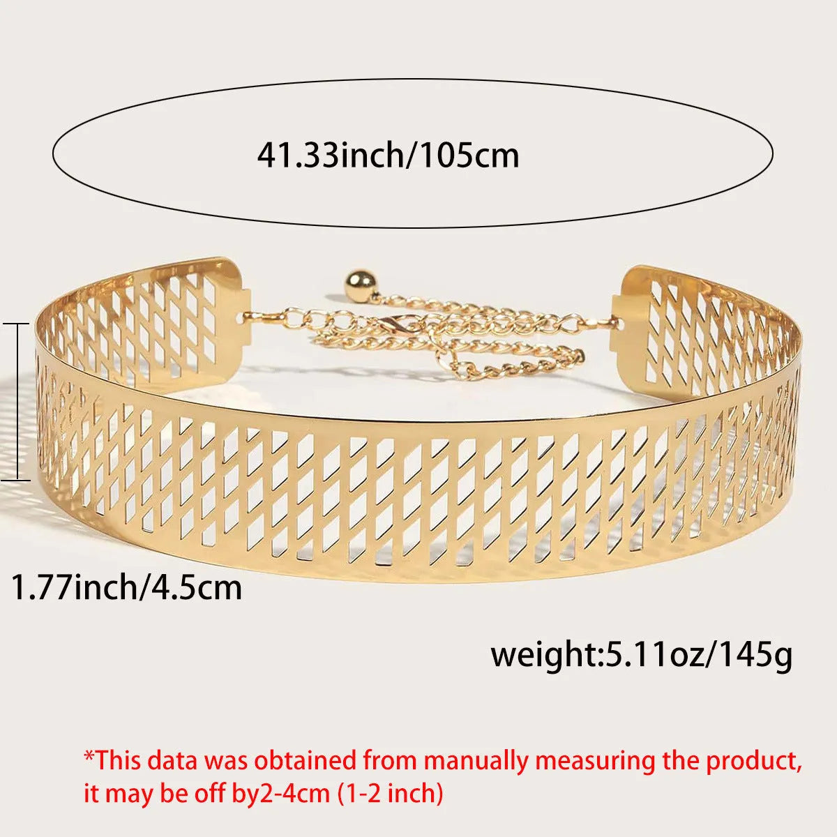 Gold iron waist ring belt with detailed lantern design, 4.5cm wide with alloy hook buckle.