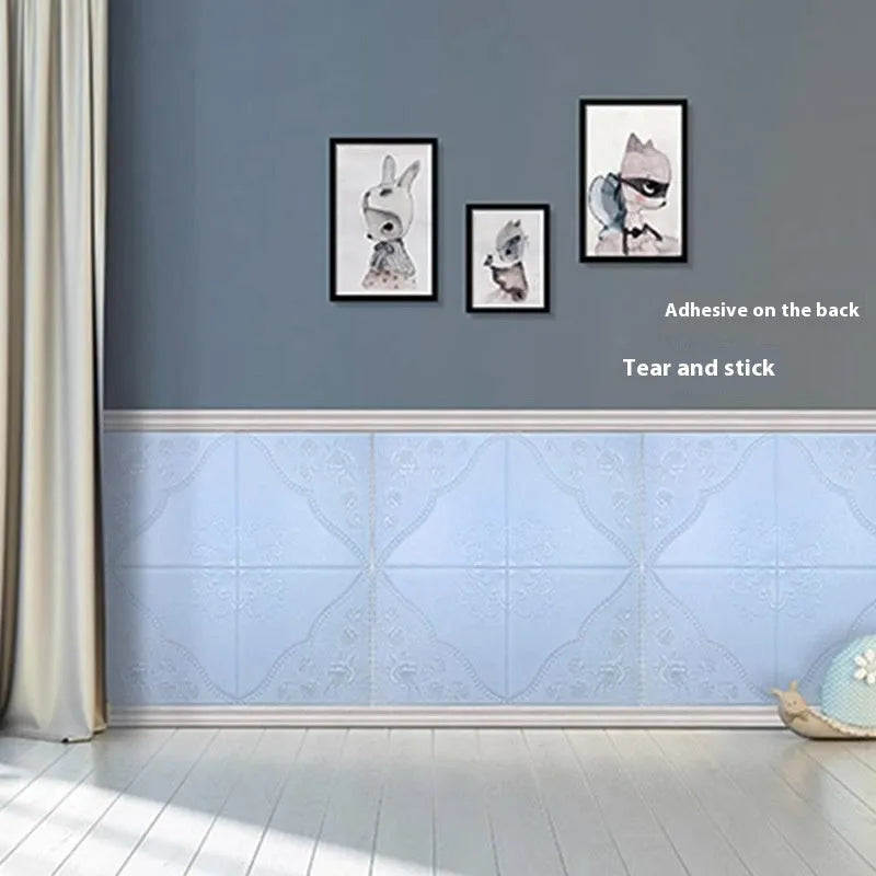 70cm square light blue foam wall sticker with three-dimensional plants and flowers pattern
