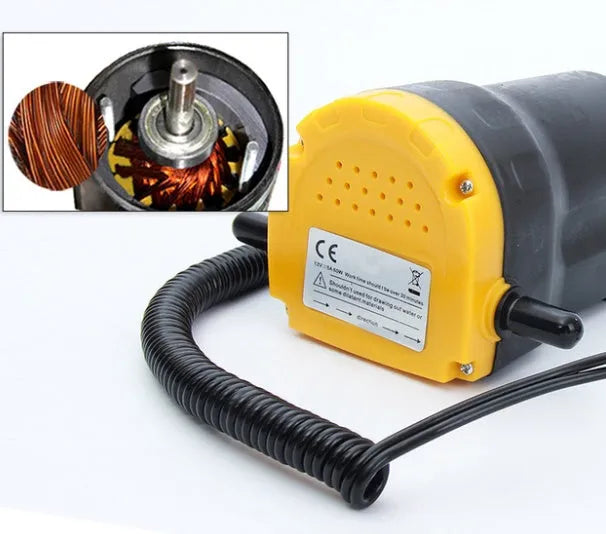 Yellow 12V electric self-priming pump with 2.5m battery clamps and hose set for diesel or oil transfer