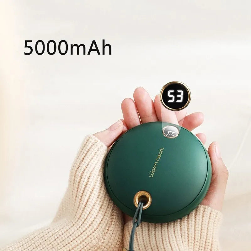 Green pink or white square power bank hand warmer with digital display showing battery percentage