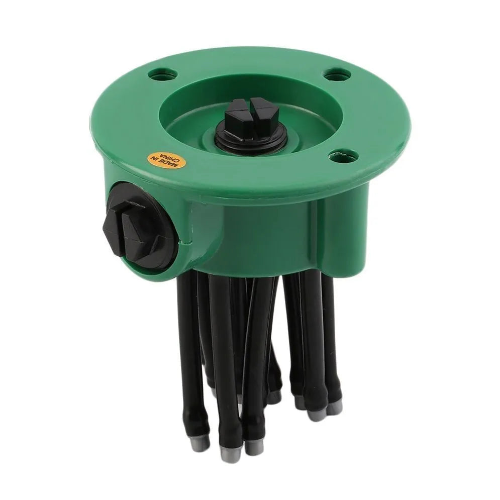 Green adjustable lawn sprinkler with flexible watering noodles on a 9cm base.