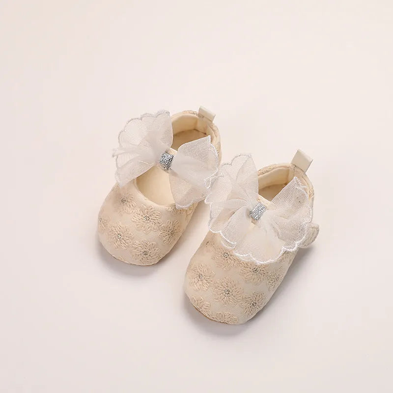 Lace embroidery princess bow soft bottom non-slip toddler shoes for girls