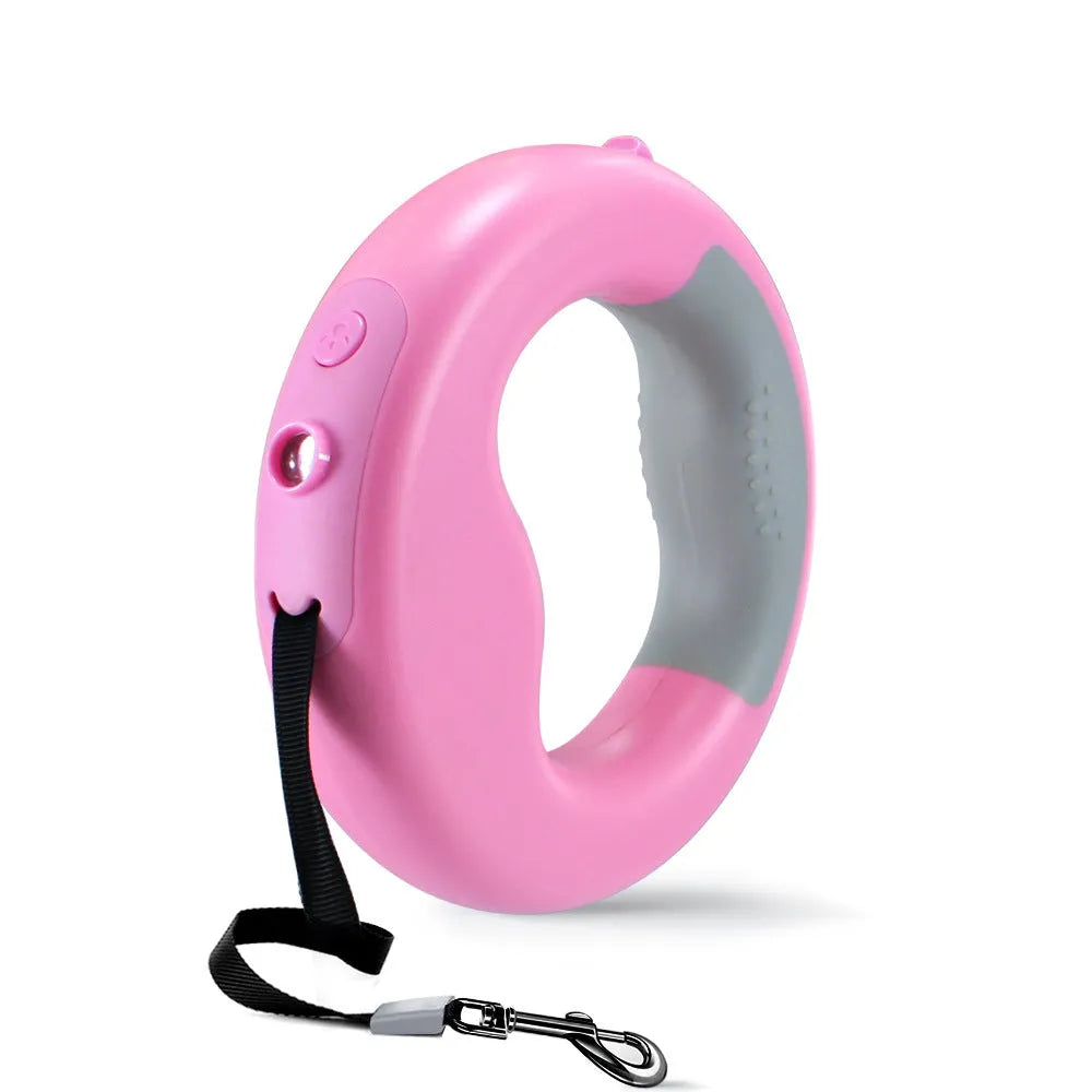 Luminous automatic telescopic dog rope lamp with LED light, black, shown on a pink background