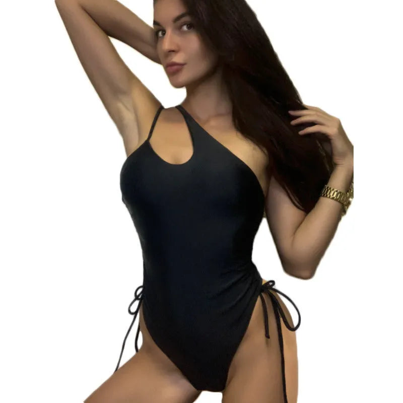 Black women's lacing sloping shoulder dress with sleeveless design and tight fit