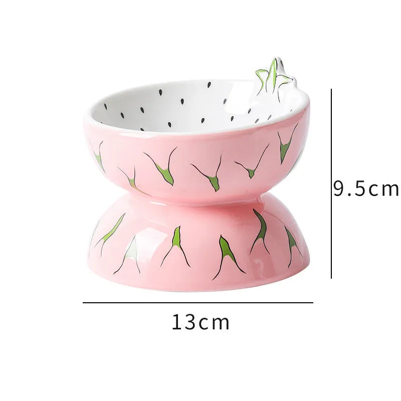 Ceramic raised cat bowl with tilted design in fruit pattern, elevated feeding dish for cats and small dogs