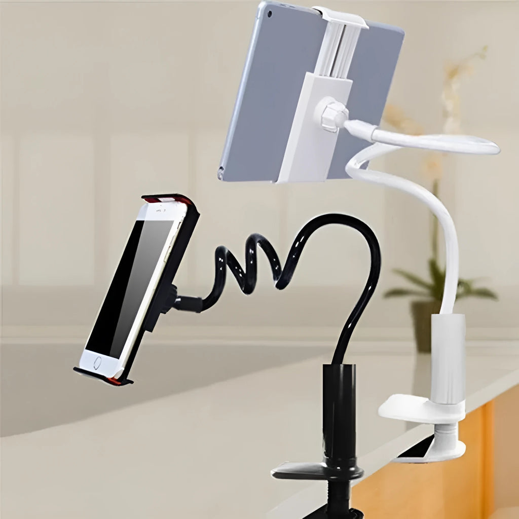 Black flexible mount holder showing bendable arm and suction base holding a tablet at an angle