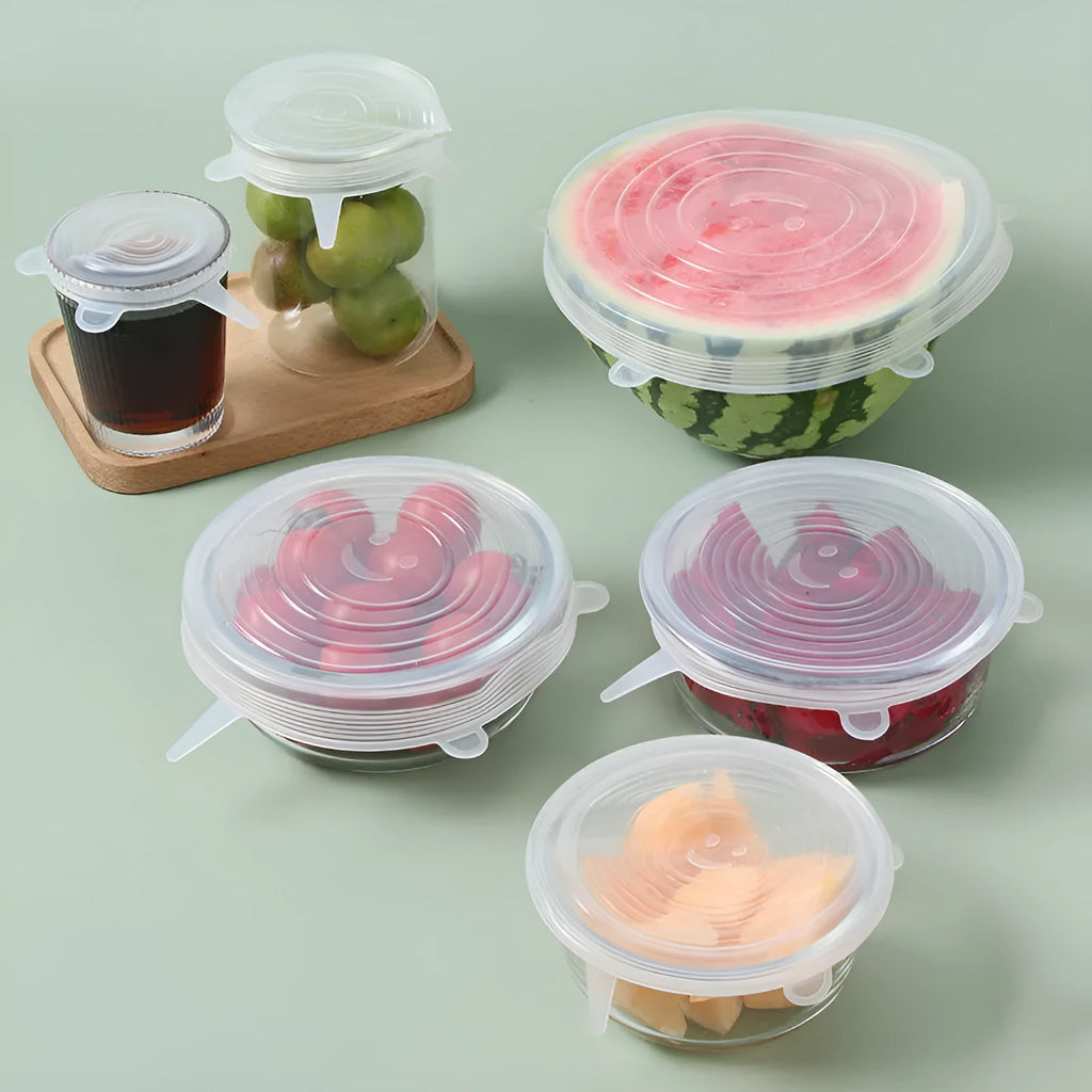 Six silicone stretch food cover lids in different sizes from 6.5cm to 20.5cm diameter