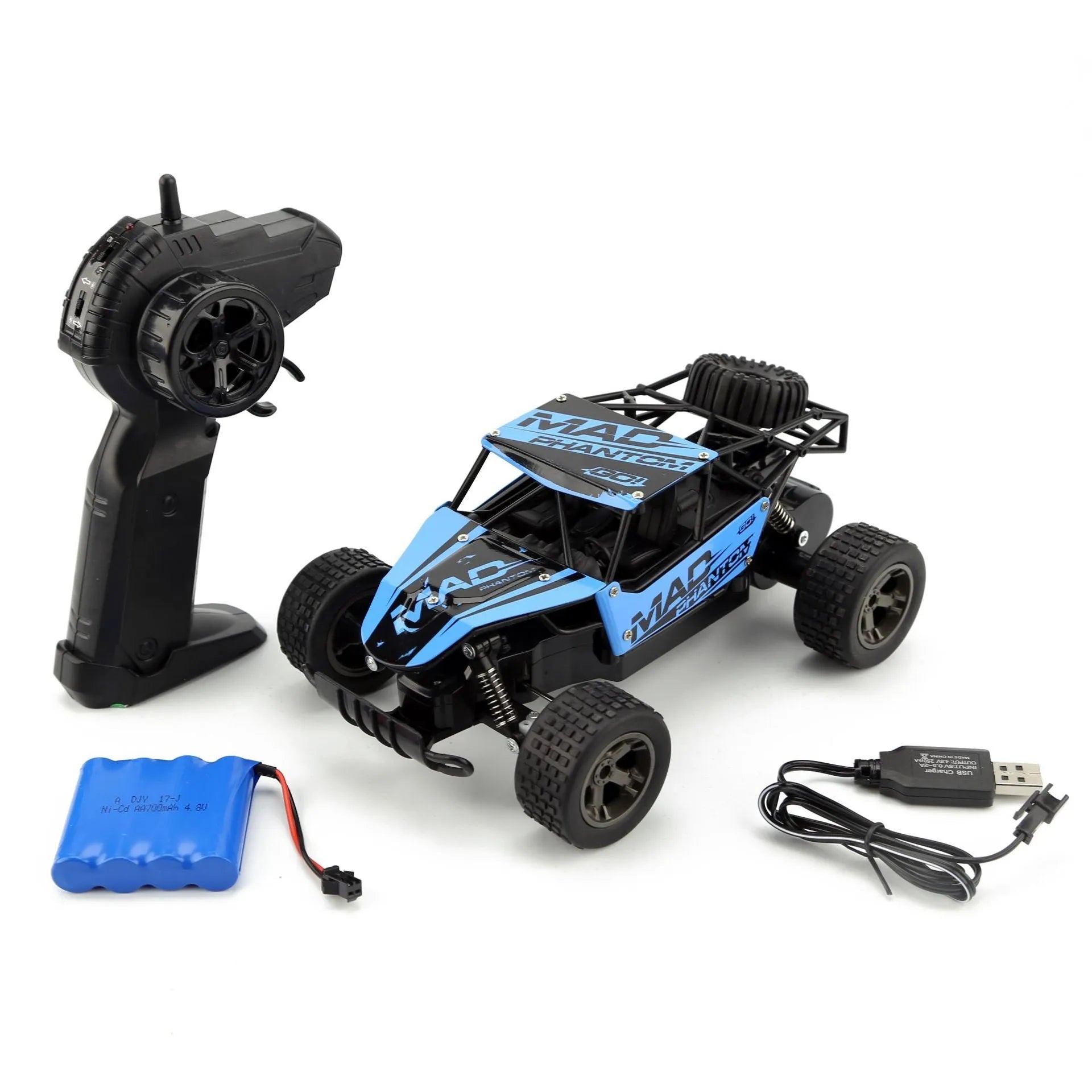 Blue 1:18 scale remote control drift car with 2.4GHz transmitter on a hard surface