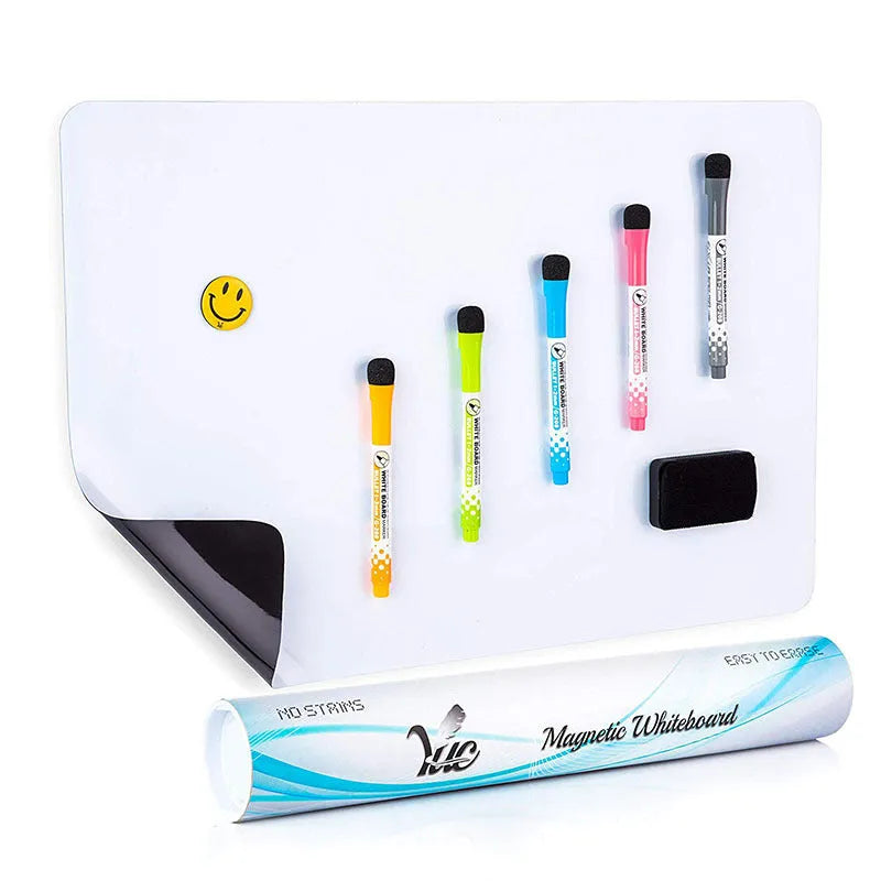 A3 flexible magnetic whiteboard with rounded corners on a refrigerator door