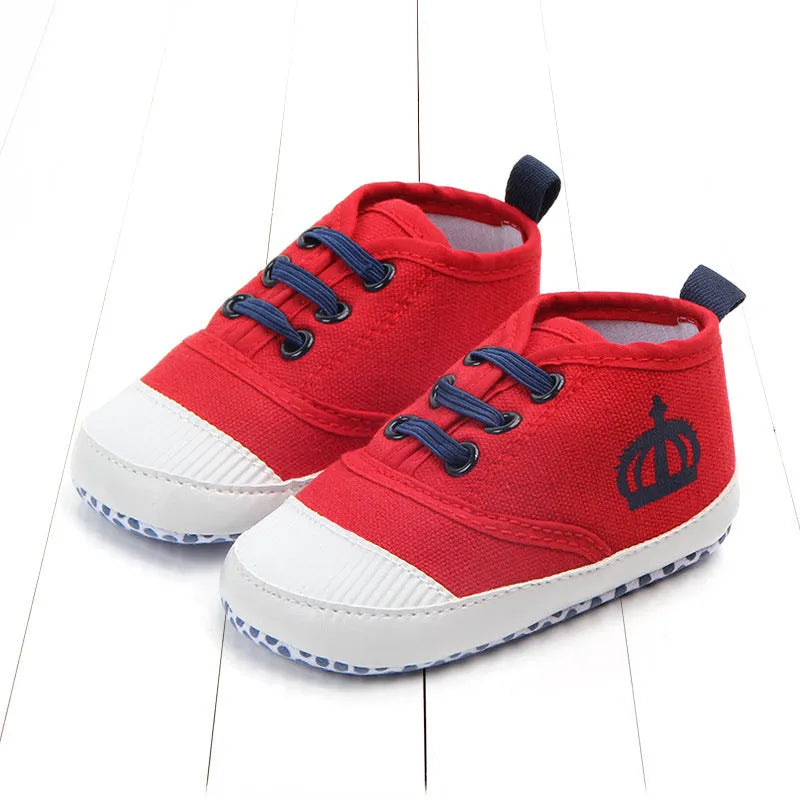 Red and white cotton canvas toddler shoes with elastic band closure