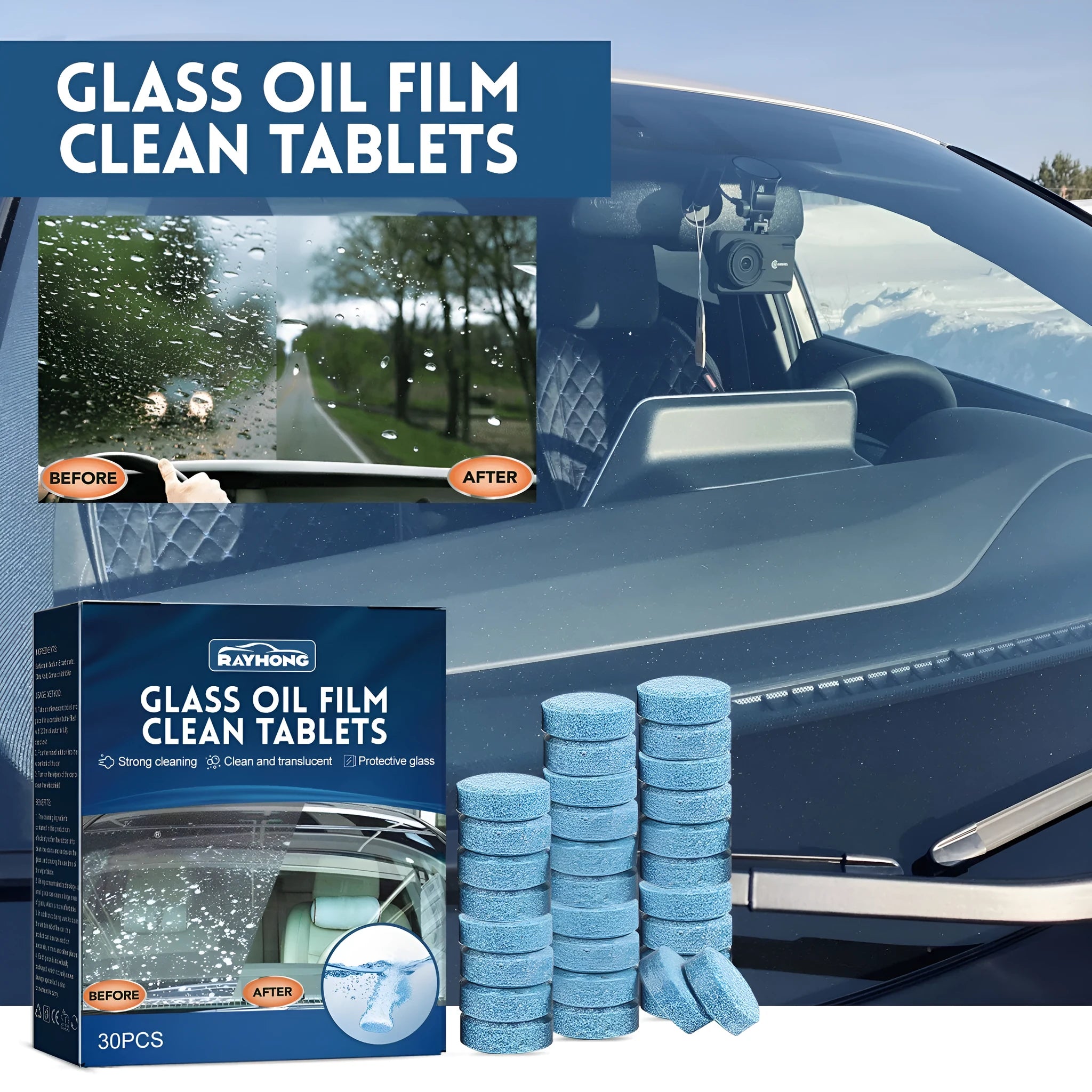Box of 30 car oil-removing film cleaning effervescent tablets with concentrated cleaning formula