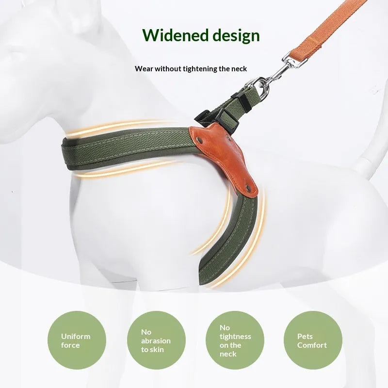 Y-shaped anti-escape dog harness in military green polyester with adjustable straps for small to large dogs
