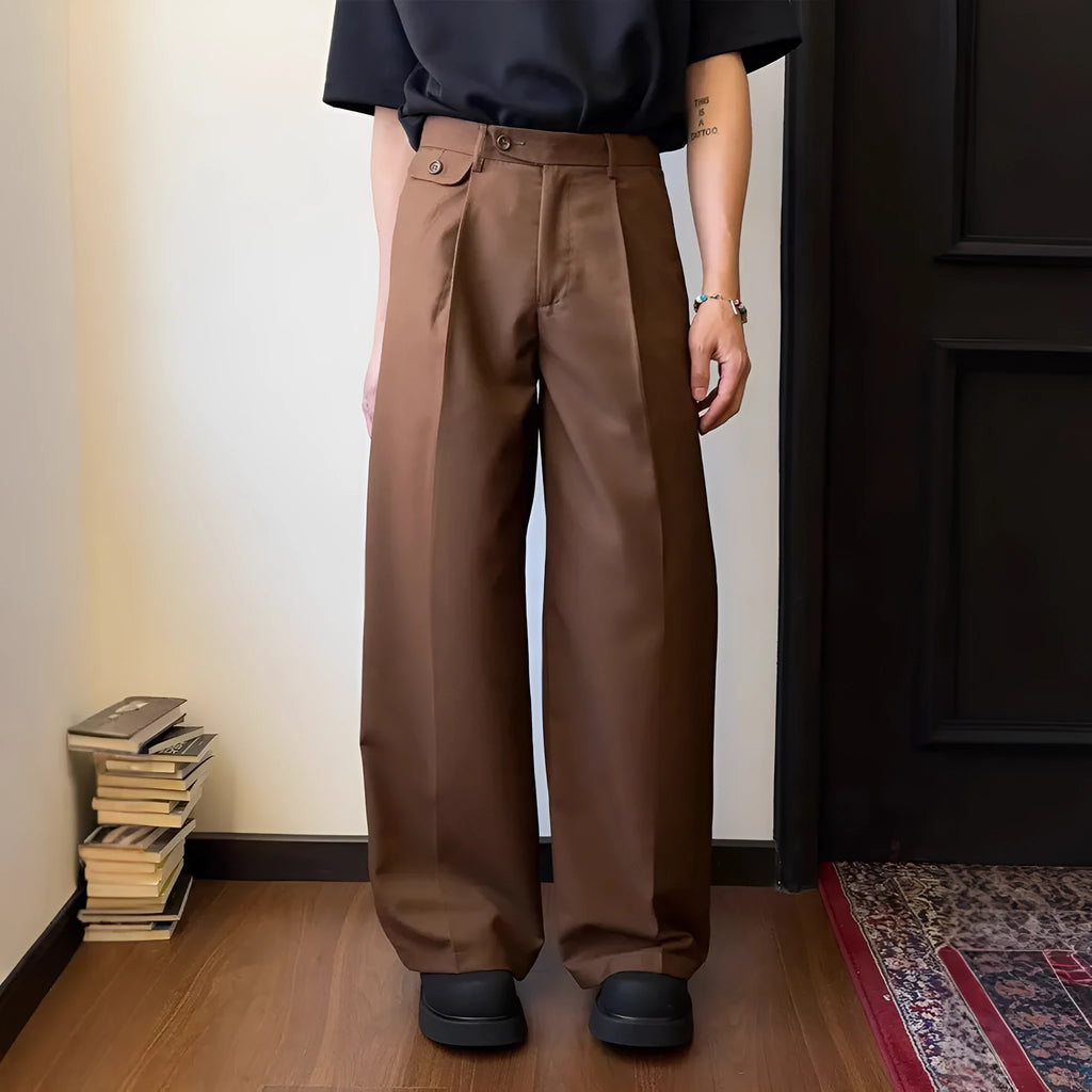 Men's brown straight-leg loose wide-leg suit pants made from chemical fibre blend polyester fabric