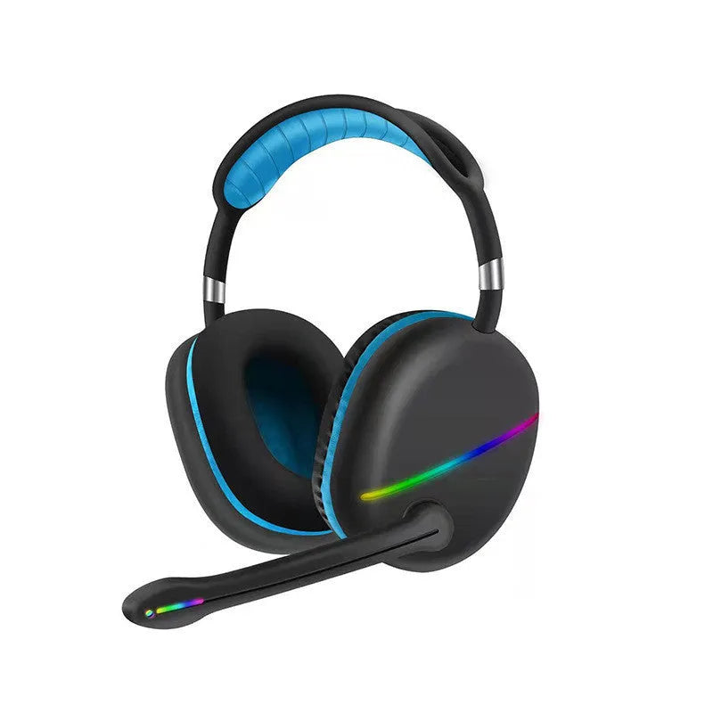 Blue wireless Bluetooth headset with glowing RGB lights on the earcups, showing over-ear design.