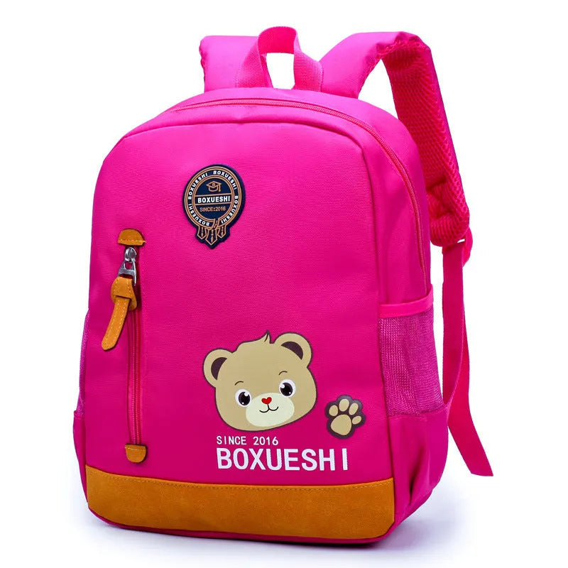 Cartoon bear school backpack for children in deep blue and mei red colours