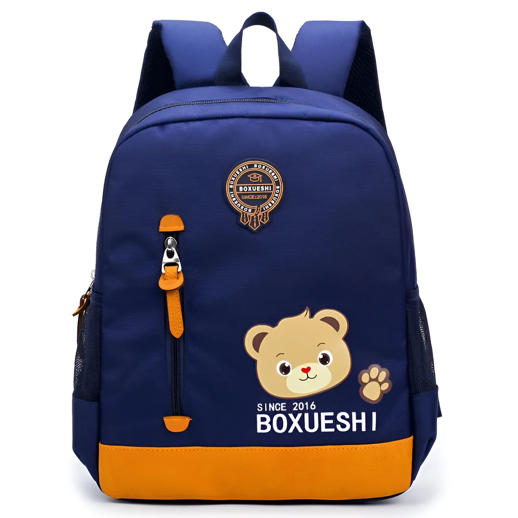 Cartoon bear school backpack for children in deep blue and mei red colours