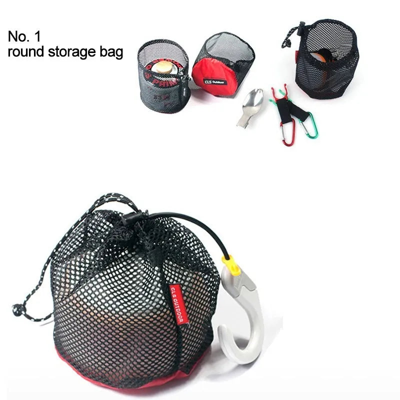 Set of five red outdoor travel storage bags with zippers and mesh panels on a plain background