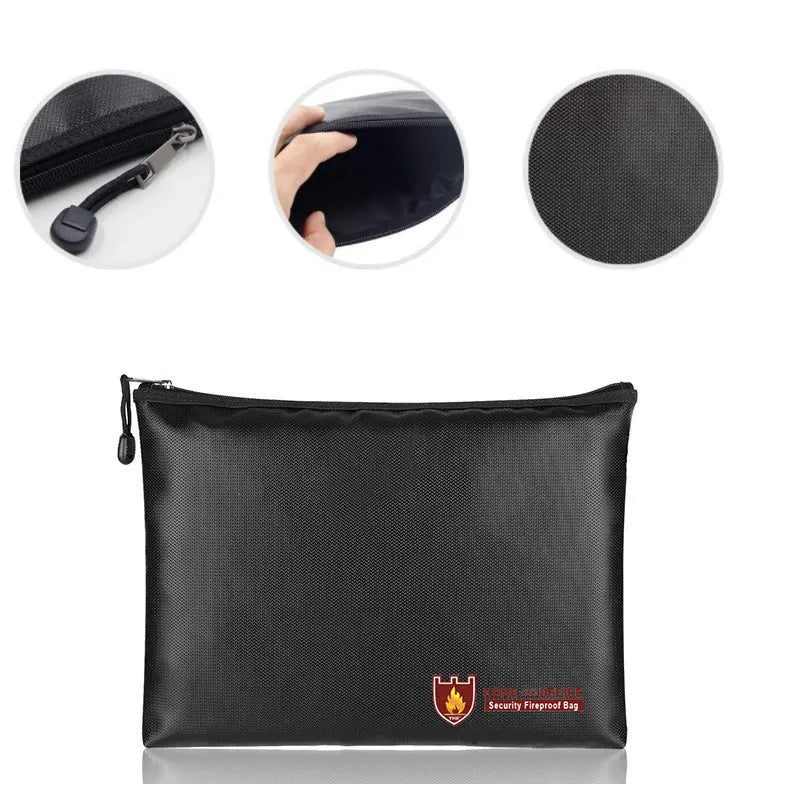 Black fireproof contract document bag showing three size options for secure paper storage