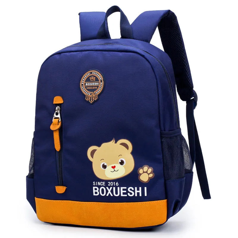 Cartoon bear school backpack for children in deep blue and mei red colours