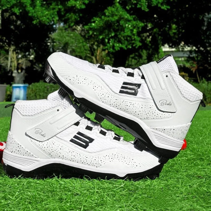 Black and white sports sneakers with a mesh upper, Velcro strap, and wear-resistant rubber sole.