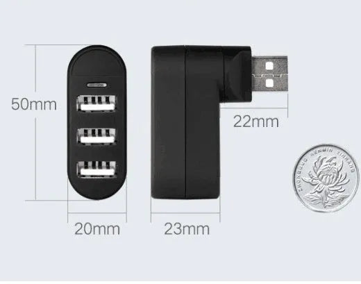 Black and white USB hub with spinning colour indicator showing USB 2.0 multi-interface expansion ports