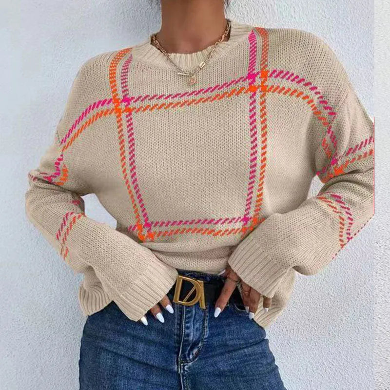 Women's plaid colour-block acrylic sweater with crew neck and loose fit in multiple colour options