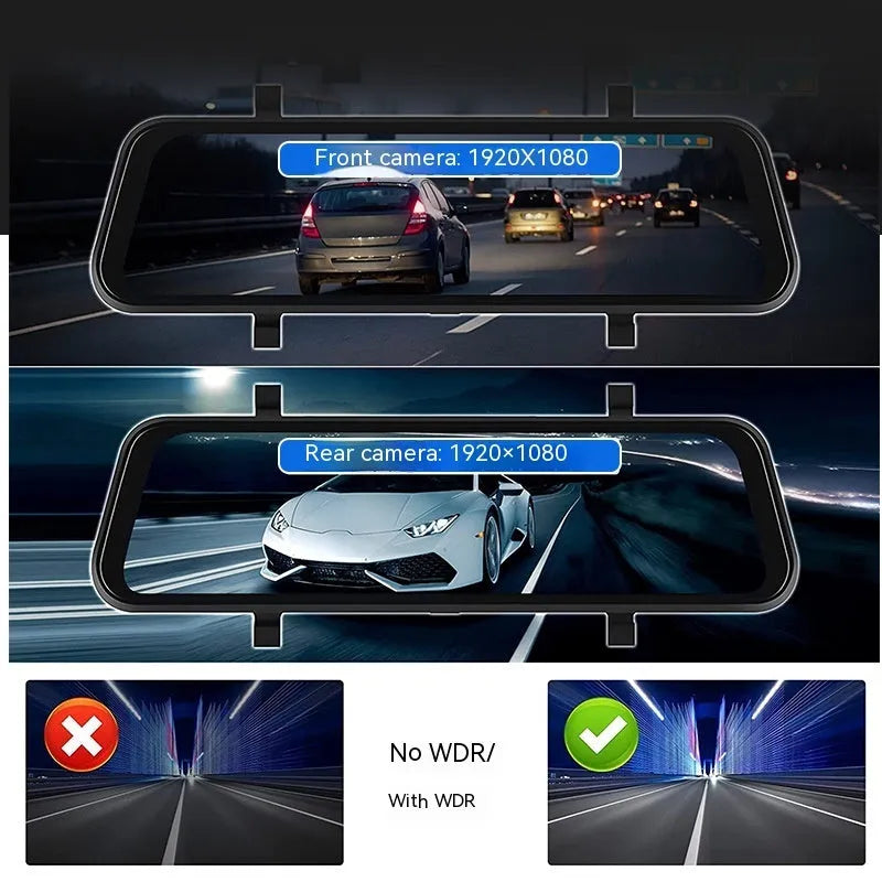 Black 9-inch portable car GPS navigation system with dual cameras and wireless DVR recording