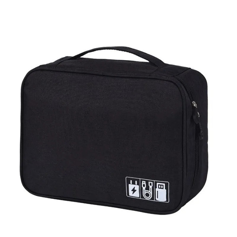 Blue cationic fabric digital accessories storage bag for organising cables and chargers.