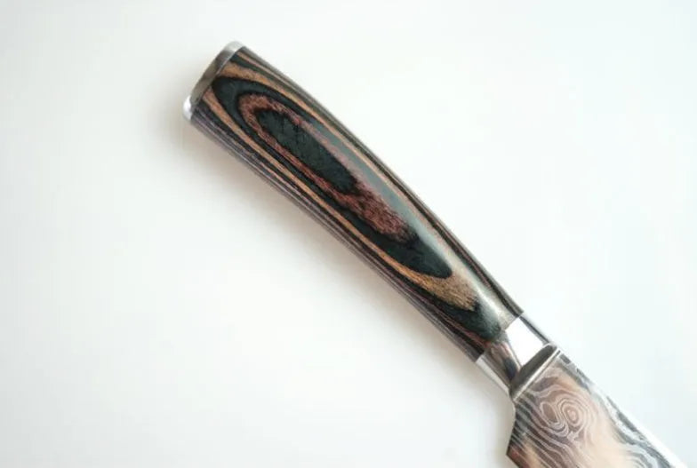 Kitchen knife set with 7Cr17 steel blades showing laser Damascus patterns and coloured wood handles