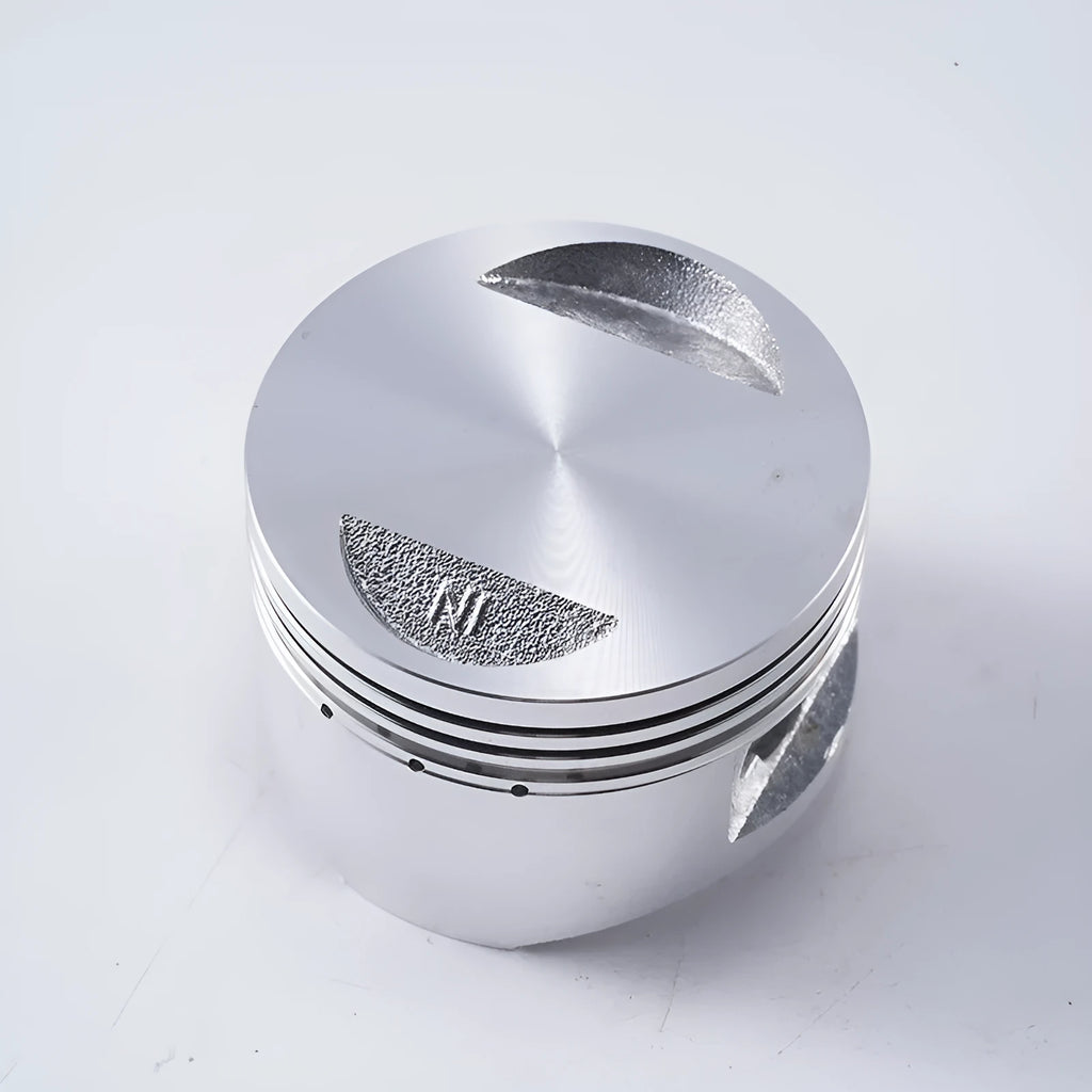 Motorcycle piston kit showing aluminium alloy piston with steel oil ring for 57.4mm cylinder engines