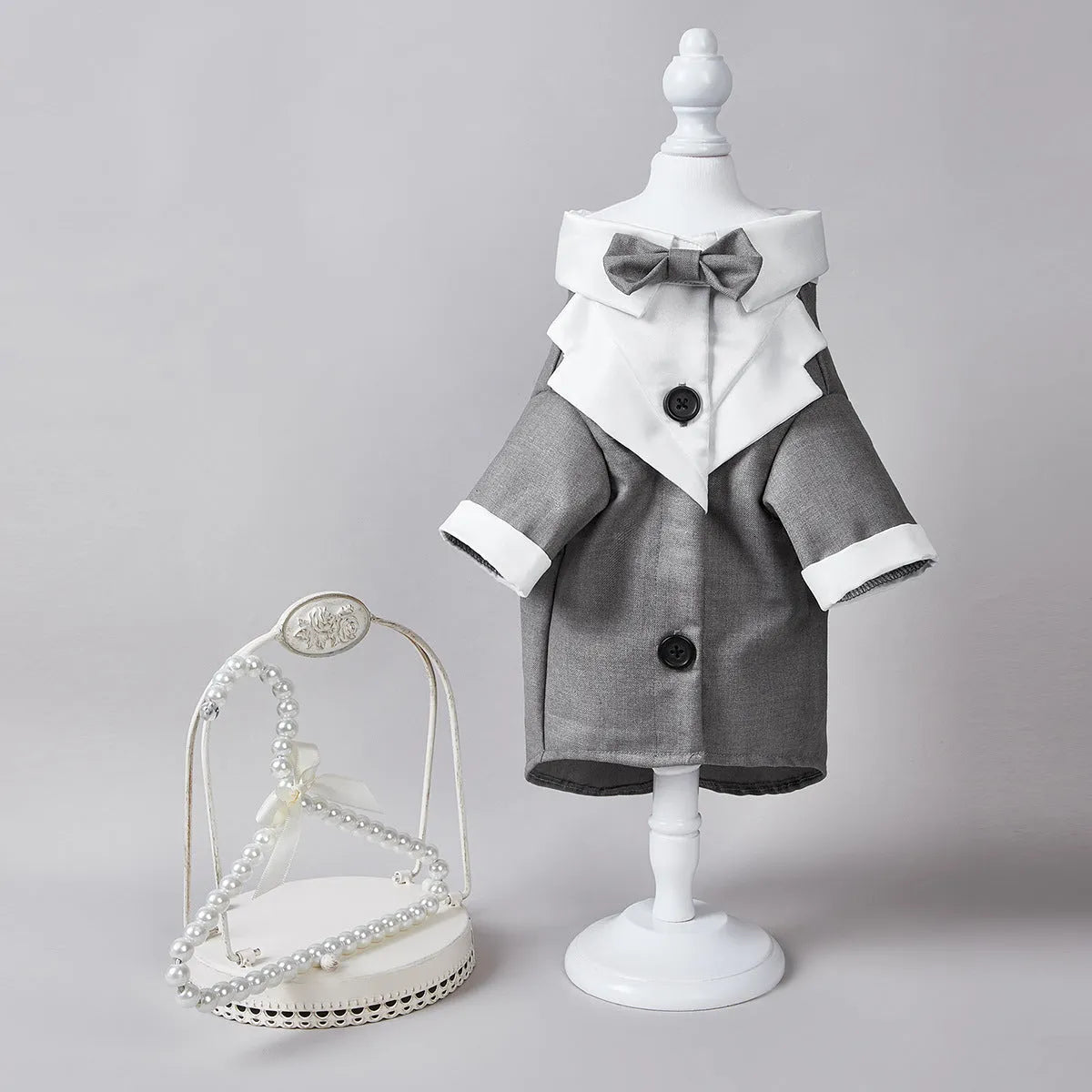 Chinese-style four-legged dog wedding suit in polyester available in black, grey and dark blue