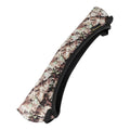 Reversible neoprene scope cover for rifle or shotgun in black and camouflage print lying flat