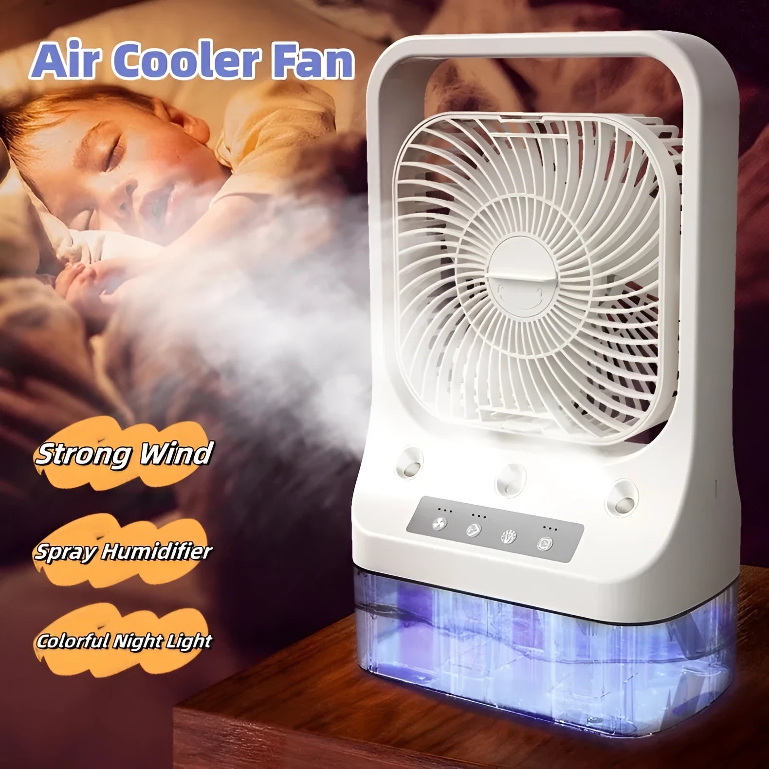 White USB rechargeable portable air cooler with water tank, adjustable head, and colourful night lights on a desk.