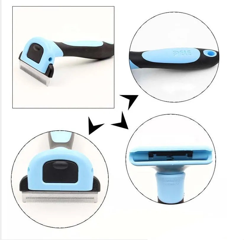 Pet hair removal comb for long straight hair, available in blue or pink, sizes S M L.