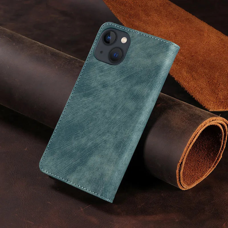 Magnetic flip leather phone case for iPhone in various colours, showing front and back views.