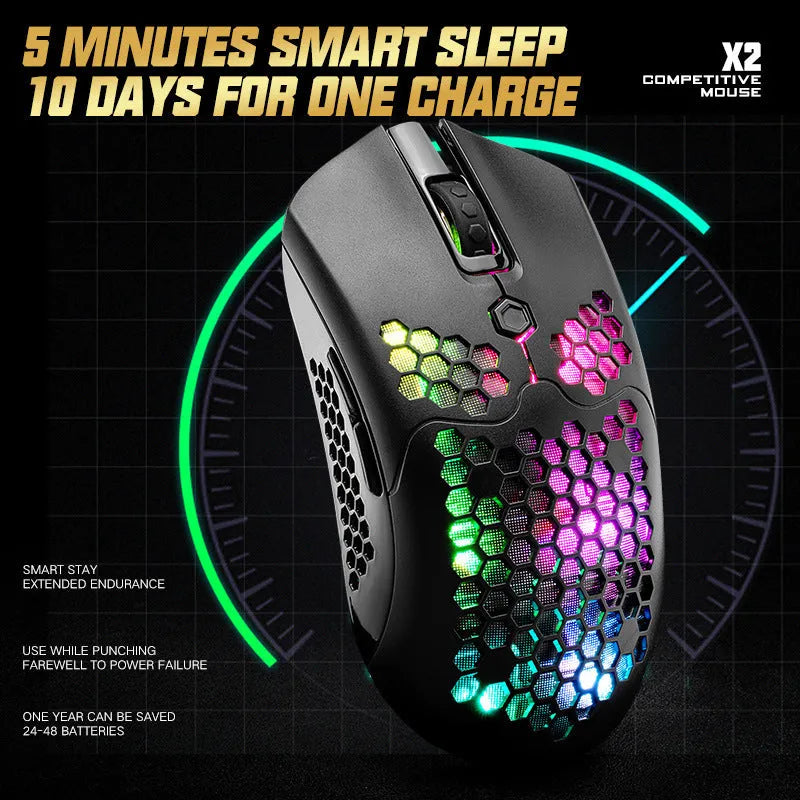Free Wolf X2 wireless gaming mouse with honeycomb shell and RGB lighting in multiple colour options on a desk.