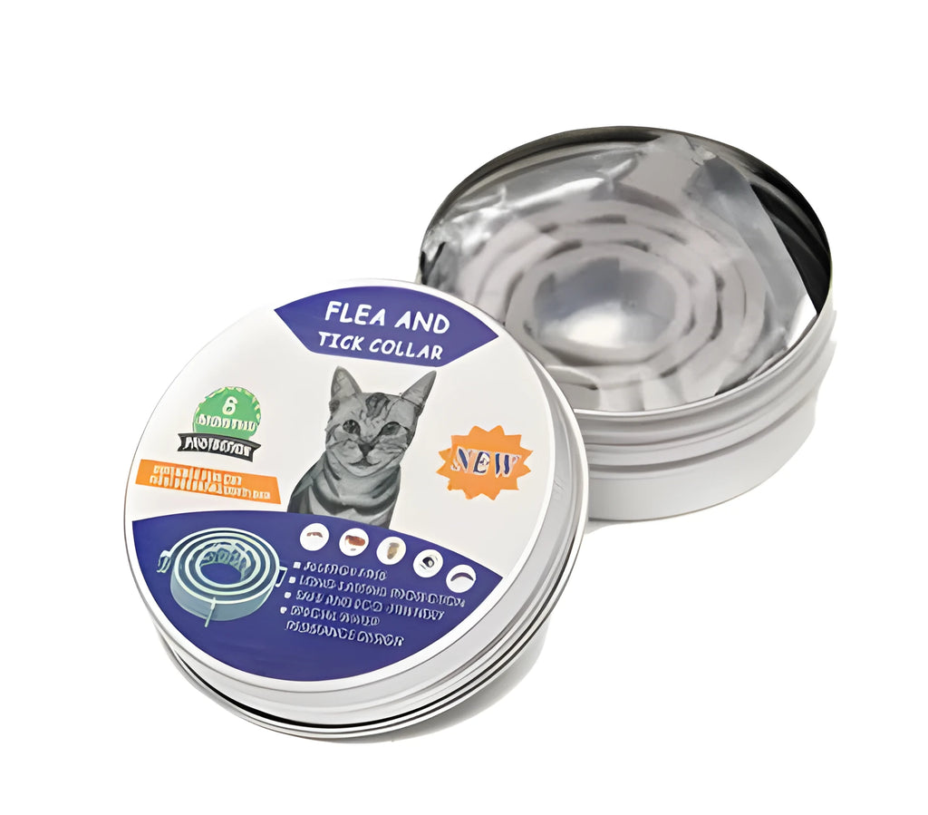 Adjustable grey flea and tick collar for dogs on a white background, 62cm size