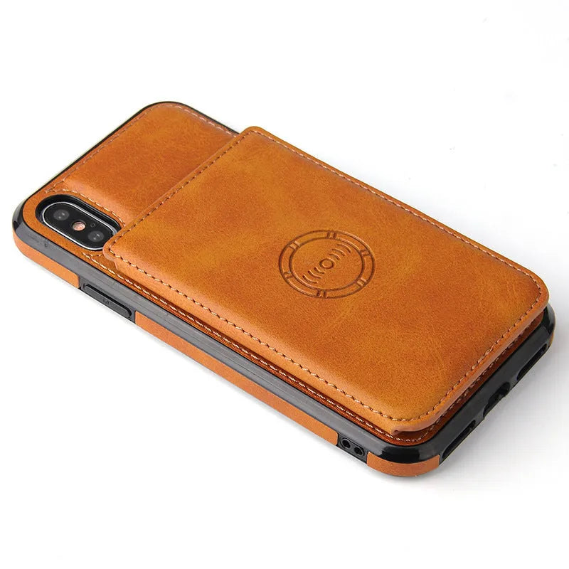 Imitation leather wallet phone case in various colours showing card slots, fitted on an iPhone.