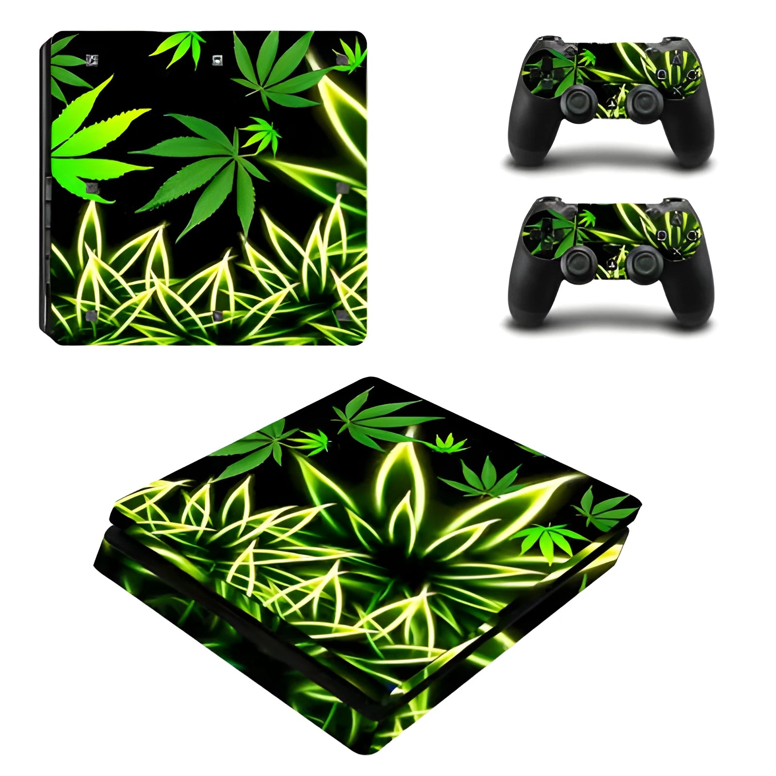 PS4 Slim console with colourful PVC protective skin sticker applied.