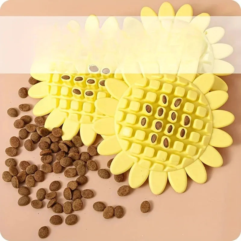 Yellow rubber sunflower-shaped dog toy for teething puppies and chewing play