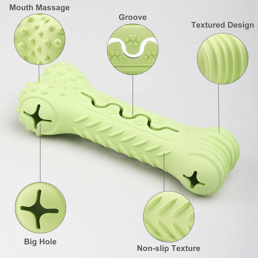 Blue bone-shaped natural rubber dog chew toy with textured surface for teeth cleaning