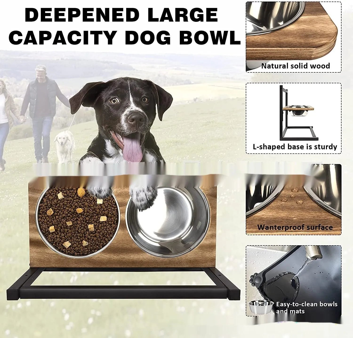 Large black iron stand holding two dog bowls for elevated feeding.