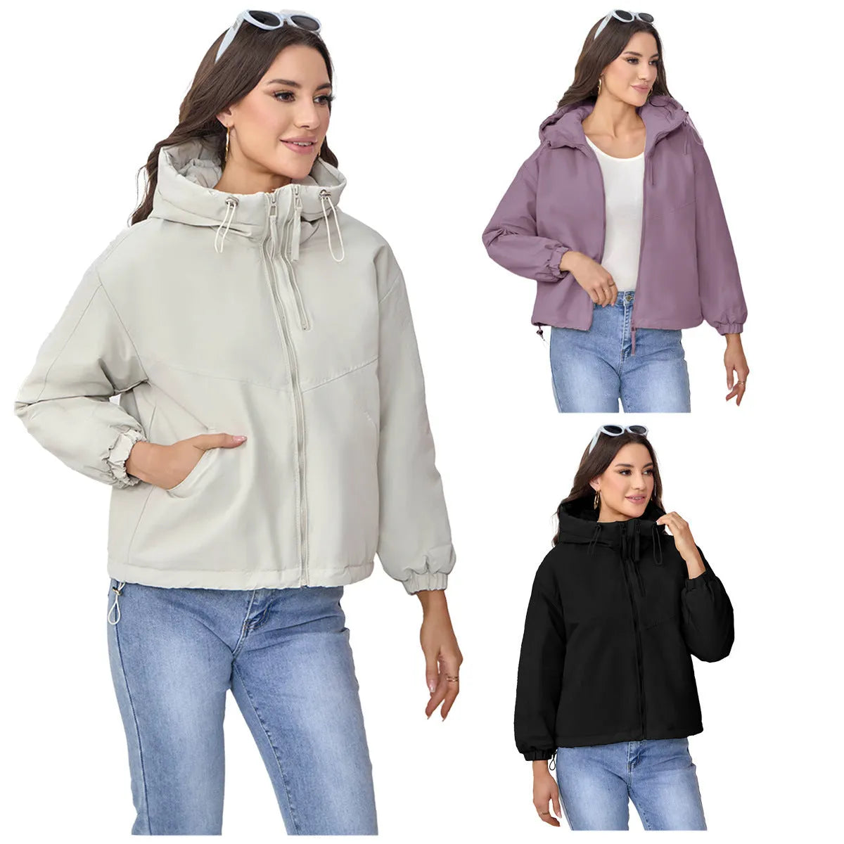 Women's hooded shell jacket in polyester available in grey, black, and purple with loose fit