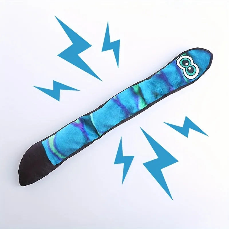 Snake-shaped dog squeaky toy with printed stripe pattern in blue and green plush
