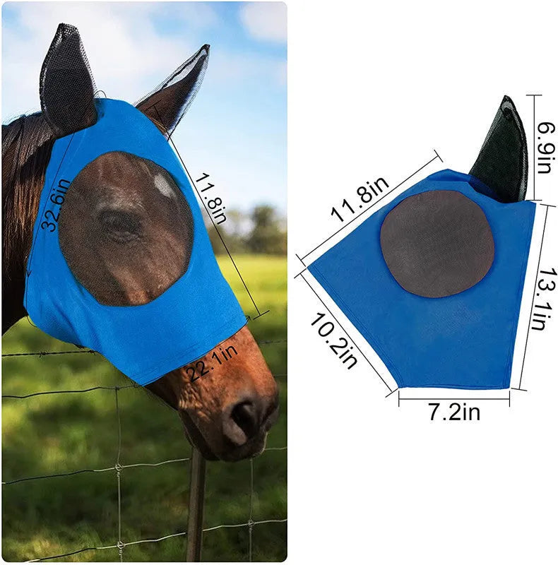 Lycra horse fly mask with ears, check pattern, mesh face, available in blue purple rose red grey black.