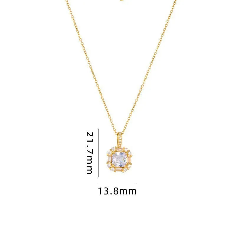 Gold geometric zircon clavicle necklace on titanium steel water wave chain.