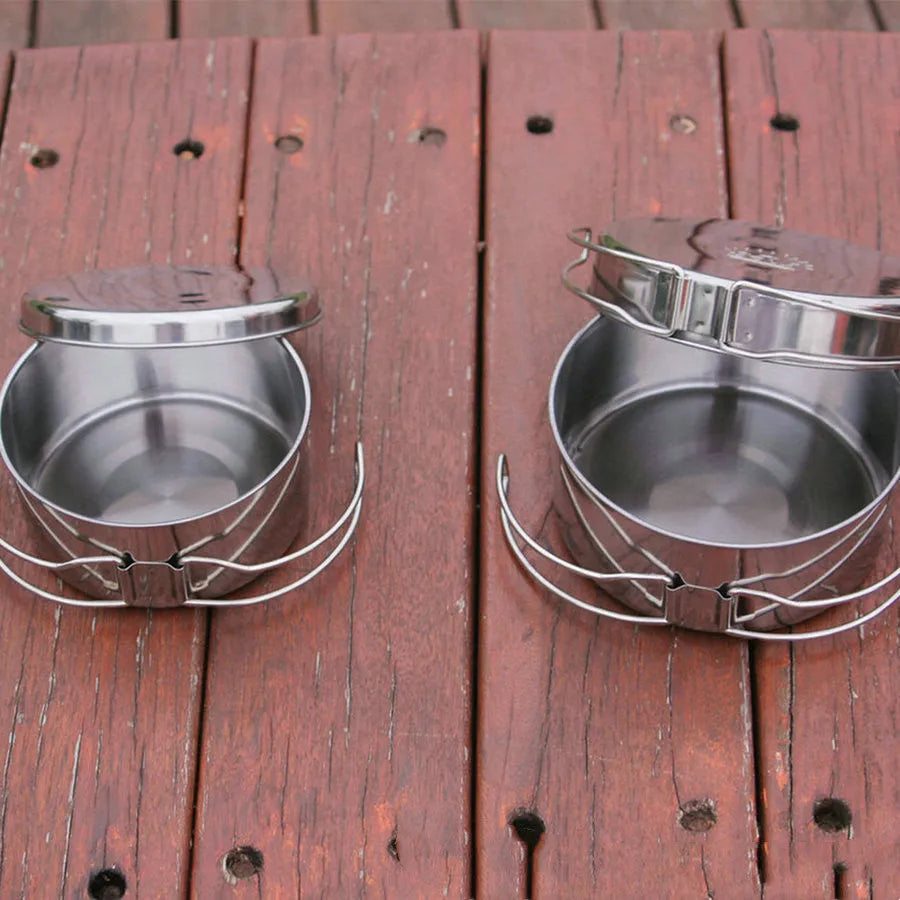 Silver stainless steel camping cookware set with 4 round pots for 2-3 person outdoor cooking
