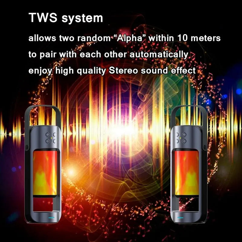 Portable Bluetooth speaker with yellow dancing flame light effect showing wireless charging surface